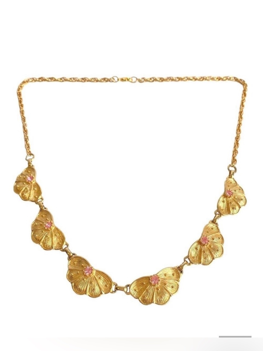 Vintage Pink Rhinestone Necklace 60s Gold Tone Chain Butterfly Floral Flower 24”